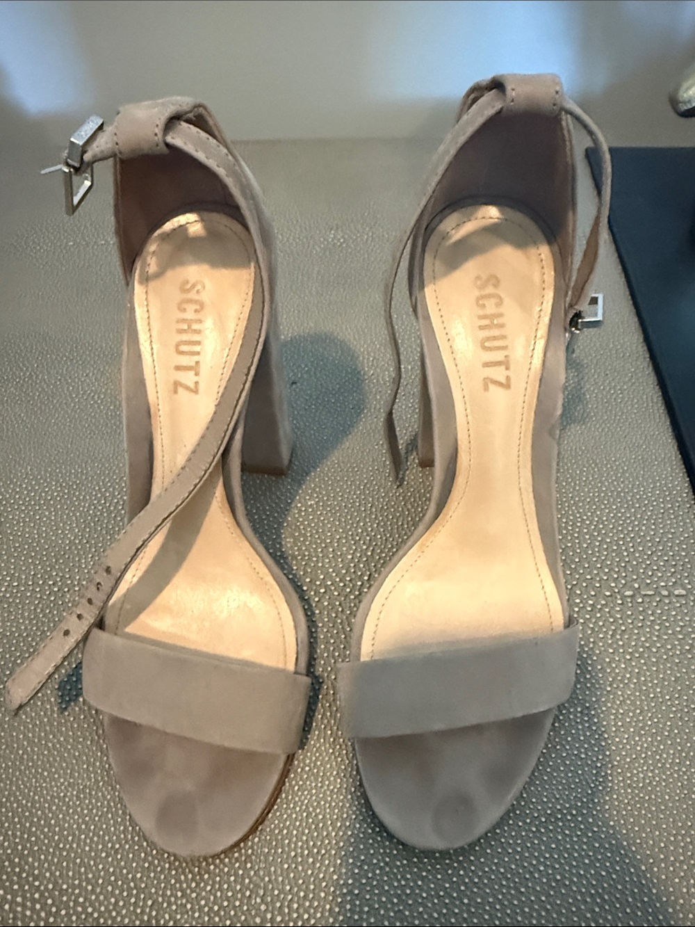 SCHUTZ Taupe Suede Ankle Strap Block Heel Sandals